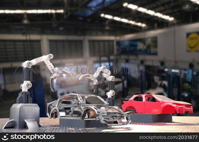 Car production processing service in factory robot hi tech robotic AI control arm hand robot artificial for car technology in garage dealership with tech hand cyborg