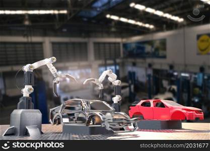 Car production processing service in factory robot hi tech robotic AI control arm hand robot artificial for car technology in garage dealership with tech hand cyborg