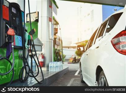 Car refuel with white car staff oil or gas station using energy for car or transportation, automobile, automotive, refuel, image