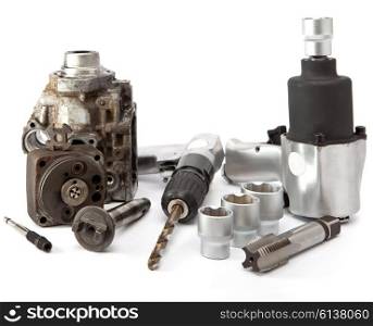 Car repair - details of the pump of high pressure, air impact wrench, air drill