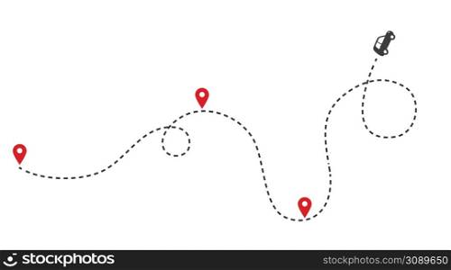 Car route monochrome concept with automobile path and map pointers. Isolated vector illustration. Car route monochrome concept with automobile path and map pointers. Isolated vector