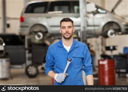 car service, repair, maintenance and people concept - auto mechanic man or smith with wrench at workshop