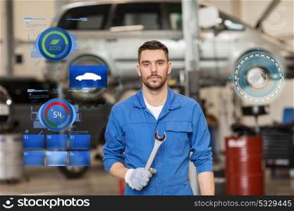car service, repair, maintenance and people concept - auto mechanic man or smith with wrench at workshop. auto mechanic or smith with wrench at car workshop