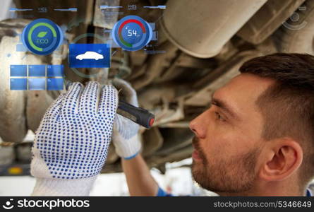 car service, repair, maintenance and people concept - auto mechanic man or smith with flashlight working at workshop. mechanic man with flashlight repairing car at shop