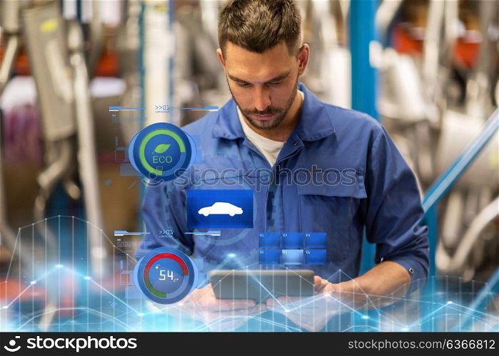 car service, repair, maintenance and people concept - auto mechanic man or smith with tablet pc computer at workshop or warehouse. auto mechanic or smith with tablet pc at workshop