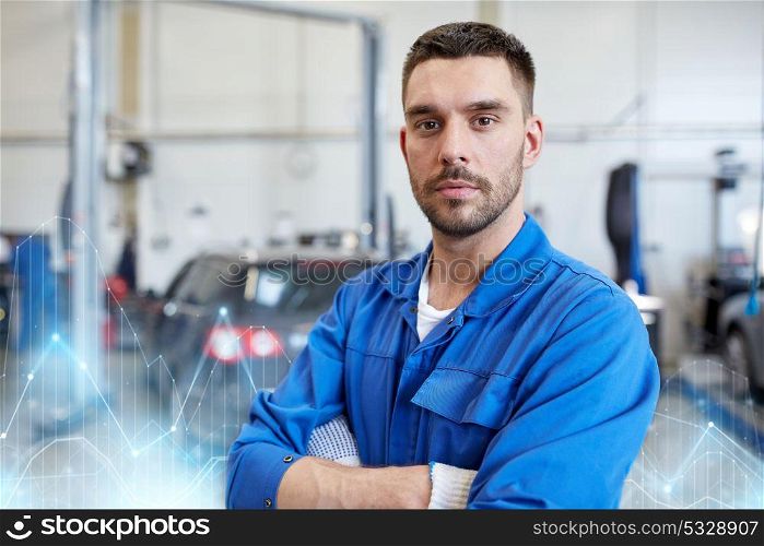 car service, repair, maintenance and people concept - auto mechanic man or smith at workshop. auto mechanic man or smith at car workshop