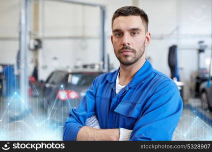 car service, repair, maintenance and people concept - auto mechanic man or smith at workshop. auto mechanic man or smith at car workshop