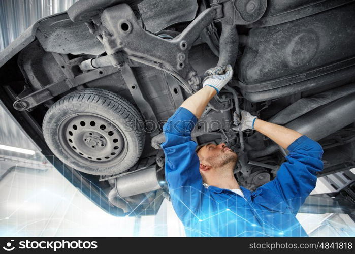 car service, repair, maintenance and people concept - auto mechanic man or smith working at workshop. mechanic man or smith repairing car at workshop