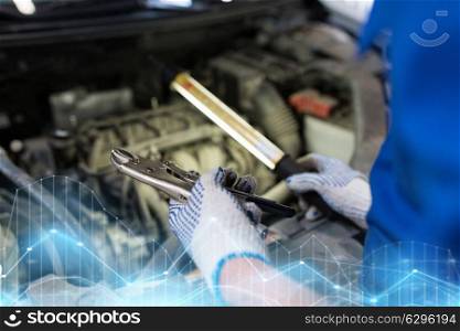 car service, repair, maintenance and people concept - auto mechanic man with lamp and pliers working at workshop. mechanic man with pliers repairing car at workshop