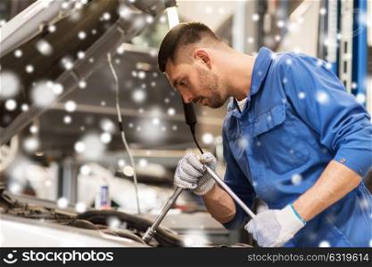 car service, repair, maintenance and people concept - auto mechanic man with wrench and lamp working at workshop over snow. mechanic man with wrench repairing car at workshop
