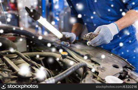 car service, repair, maintenance and people concept - auto mechanic man with lamp and pliers working at workshop over snow. mechanic man with pliers repairing car at workshop