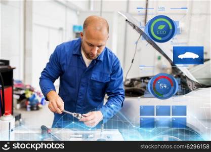 car service, repair, maintenance and people concept - auto mechanic man with wrench working at workshop. mechanic man with wrench repairing car at workshop