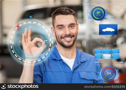 car service, repair, maintenance and people concept - happy smiling auto mechanic man or smith showing ok hand sign at workshop. auto mechanic or smith showing ok at car workshop