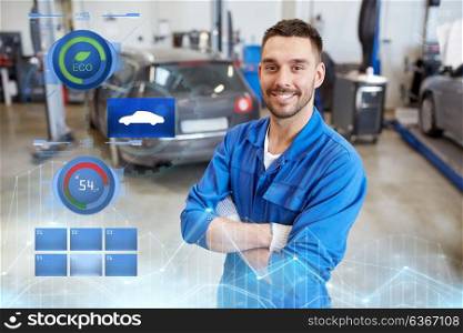 car service, repair, maintenance and people concept - happy smiling auto mechanic man or smith at workshop. happy auto mechanic man or smith at car workshop