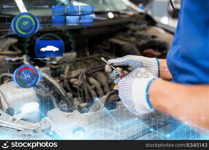 car service, repair, maintenance and people concept - mechanic man with wrench and lamp working at workshop. mechanic man with wrench repairing car at workshop
