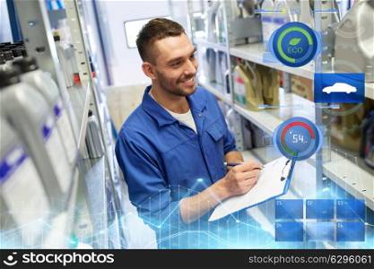 car service, repair, maintenance and people concept - smiling auto mechanic man or smith writing to clipboard at workshop or warehouse. smiling auto mechanic with clipboard at car shop