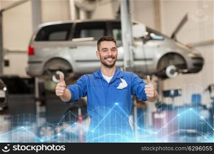 car service, repair, maintenance, gesture and people concept - happy smiling auto mechanic man or smith showing thumbs up at workshop. happy auto mechanic man or smith at car workshop