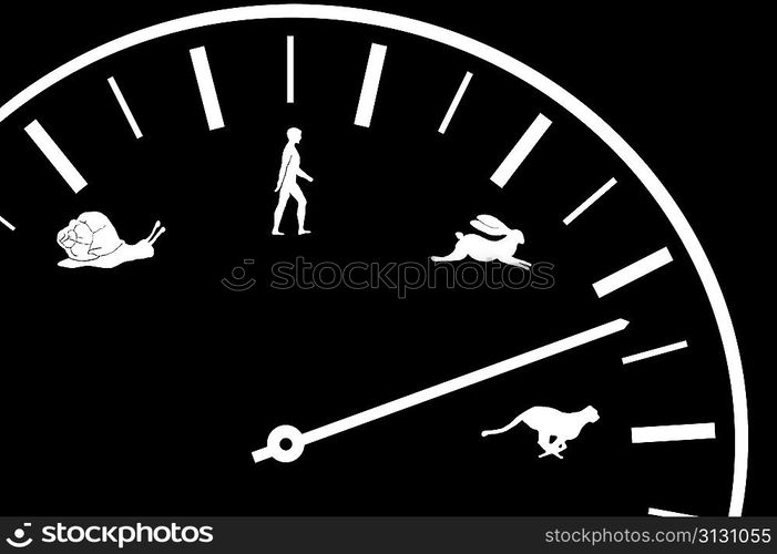 Car speedometer shows speed with animal and human icons