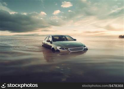 Car sw&ed in flood water. Generative AI