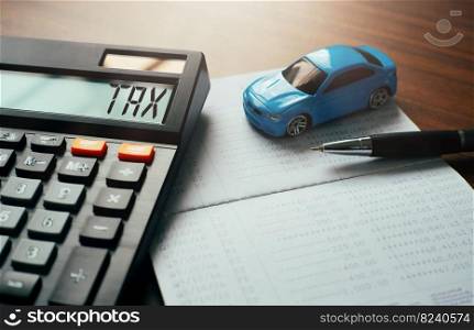car tax concept financial statements with coins Auto Tax and Auto Insurance, Auto Finance and Loans save money for car design ideas or materials