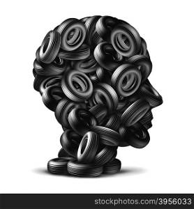 Car tire concept as a group of rubber wheels shaped as a human head as an auto mechanic repair symbol on a white background as a 3D illustration transportation icon.