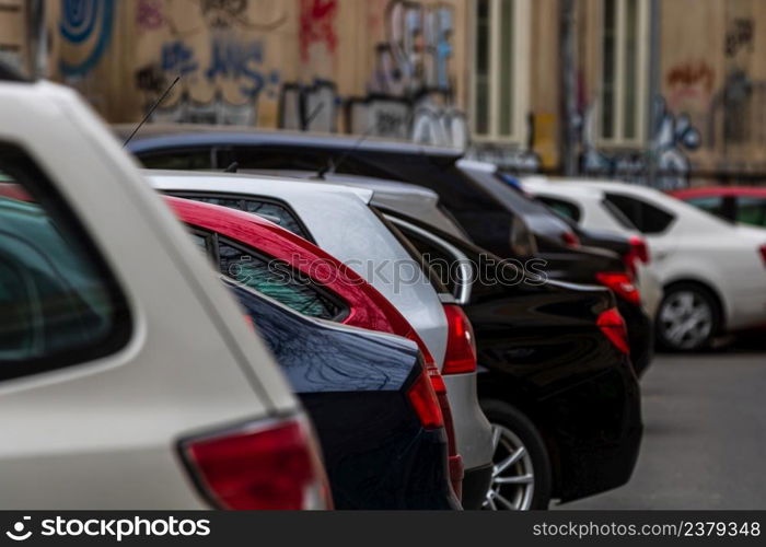 Car traffic at rush hour in downtown area of the city. Car pollution, traffic jam in Bucharest, Romania, 2022