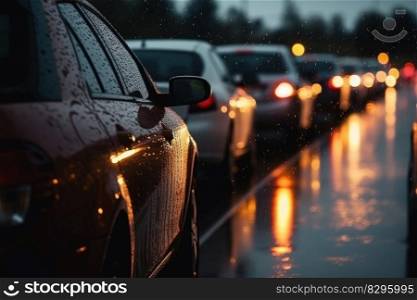 car traffic jam on the road rain bad weather generative ai.