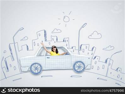 Car traveling. Young woman riding car made of list of paper