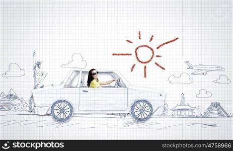 Car traveling. Young woman riding car made of list of paper