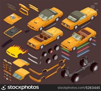 Car Tuning Snyling Parts Isometric Set. Performance car engine tuning styling parts equipment and accessories isometric set garage and webshop advertisement vector illustration