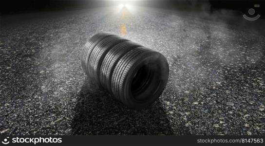 Car tyre on an asphalt road with smoke and a car headlight on the background at night