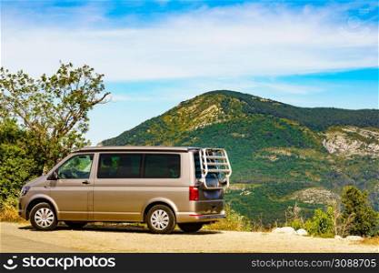 Car van with rack on back in mountain nature, Verdon Gorge in France. Holidays and travel.. Car van in mountain nature