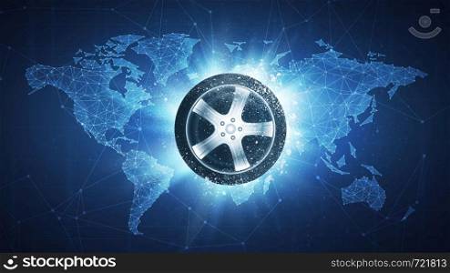 Car wheel flying in white particles on the background of blockchain technology network polygon world map. Sport competition concept for car race tournament poster, placard, card or banner.. Car wheel flying on world map background.