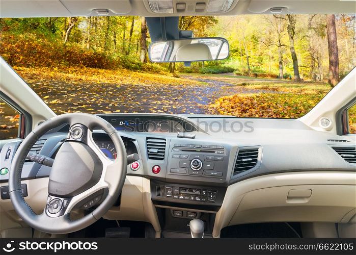 car windscreen with country fall road, view inside out. car windscreen with road