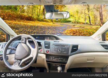 car windscreen with country fall road, view inside out. car windscreen with road