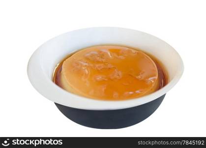 Caramel custard in bowl over white background. caramel custard