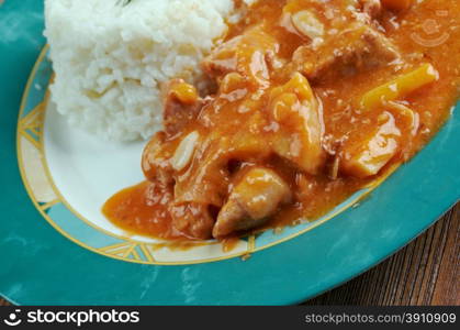 Carapulcra - Peruvian cuisine stew of pork and dehydrated potatoes, with peanuts