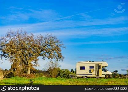 Caravan c&ing on nature in Portugal. C&er trip.. Rv motorhome on nature. Holidays trip.