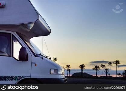 Caravan camping at sunset in Sierra Alhamilla, Spain. Tourist attraction. Caravan in Sierra Alhamilla, Spain