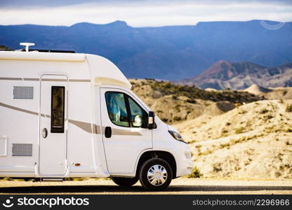 Caravan camping in Tabernas desert, Almeria Spain. Traveling with motorhome.. Caravan in Tabernas desert, Spain