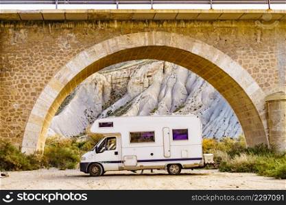 Caravan camping in Tabernas desert, Almeria Spain. Traveling with motorhome.. Caravan in Tabernas desert, Spain