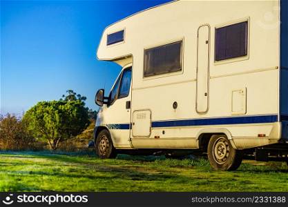 Caravan camping on nature in Portugal. Camper trip.. Rv motorhome on nature. Holidays trip.