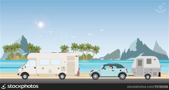 Caravan car driving car on road on the beach in the holiday, Family vacation travel, holiday trip in motorhome, Caravan car Vacation in flat design vector illustration.