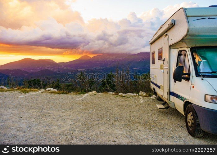 Caravan rv at sunset in mountains. Verdon Gorge in France. Adventure with c&er vehicle... Rv c&er in mountains at sunset, France.