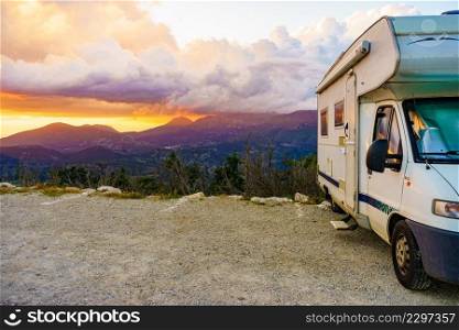 Caravan rv at sunset in mountains. Verdon Gorge in France. Adventure with c&er vehicle... Rv c&er in mountains at sunset, France.