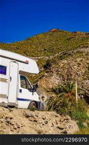 Caravan rv on mountain nature, Cabo de Gata Natural Park, provincia Almeria, Andalusia Spain.. Caravan on mountain nature, Cabo de Gata, Spain