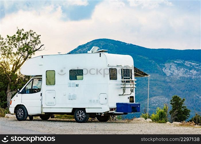 Caravan rv on nature. Verdon Gorge France. Motor home camping car driving through mountain landscape. Adventure with camper vehicle... Rv camper in mountains, Verdon Gorge France.