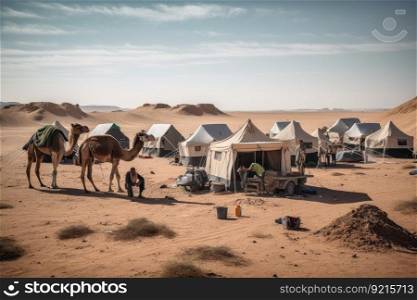 caravan setting up camp in the desert, with camels and tents in the background, created with generative ai. caravan setting up camp in the desert, with camels and tents in the background