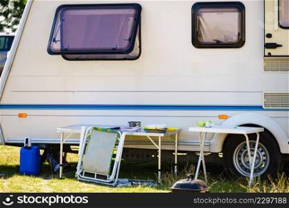 Caravan trailer c&ing on nature. Travelling, vacation with mobile home.. Caravan trailer c&ing on nature