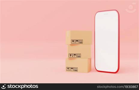 Carboardboxes with isolated white screen smartphone mockup on pink pastel background. Business delivery and Shopping online concept. Stay at home for order the product theme. 3D illustration rendering
